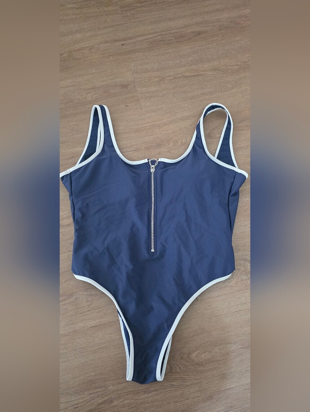 Navy Blue One-Piece Swimsuit with White Trim